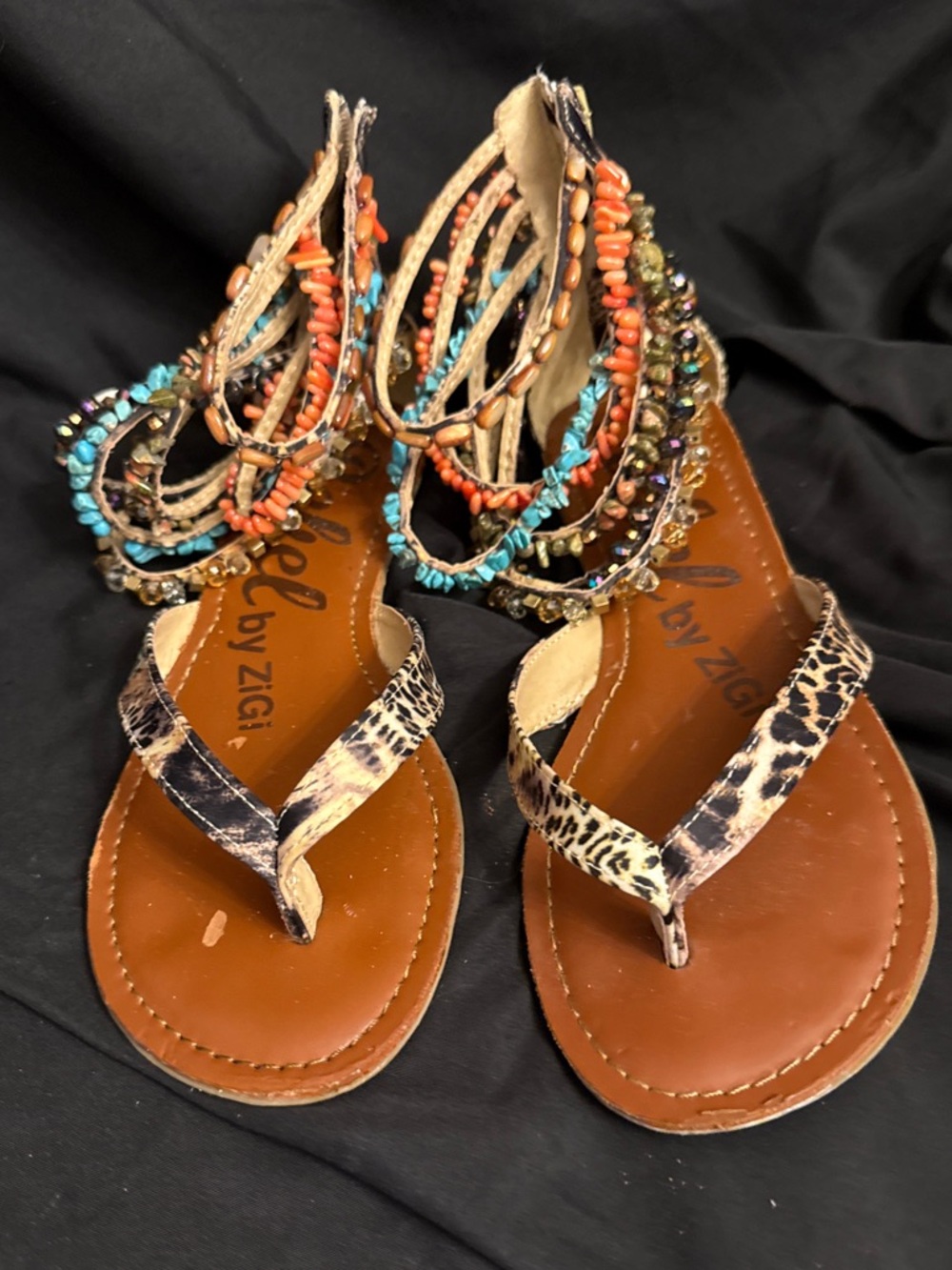 Rebel by Zigi Beaded Ankle-Wrap Leopard Print Thong Sandals - Coral & Turquoise